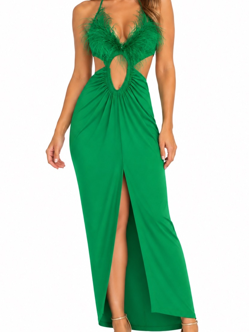 Stella Nolasco (Designer) Green Feather-Trim Cutout Halter Maxi Dress